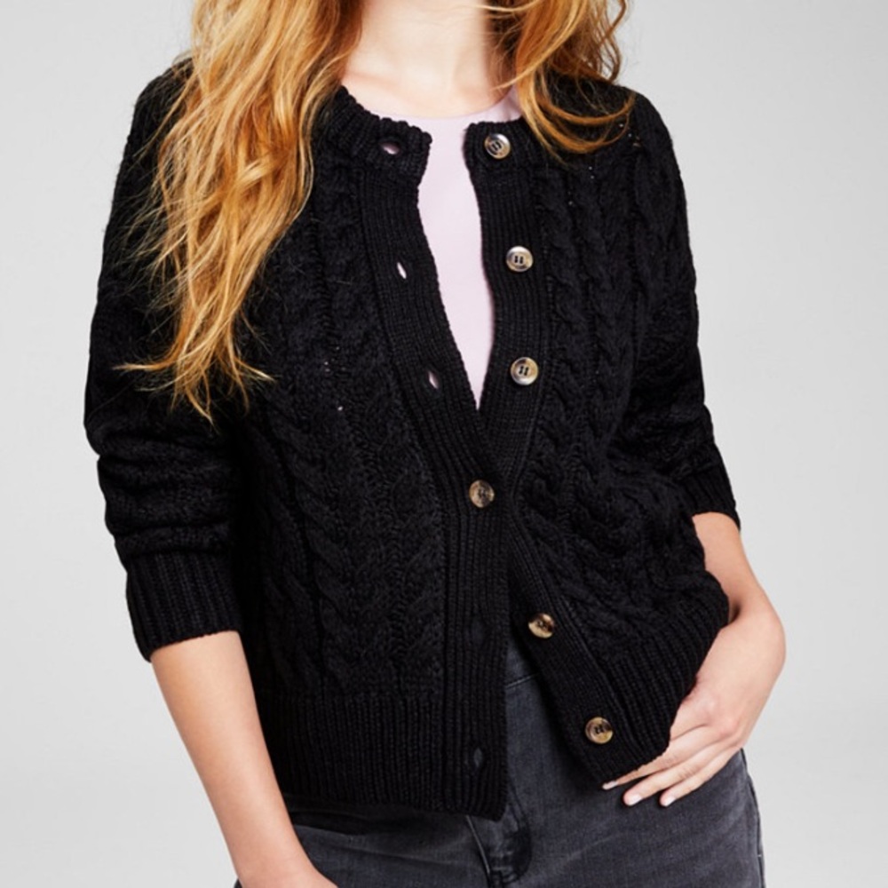 Classic Darkest Blue Black Cable Knit Cardigan (fits like a small, not XS)